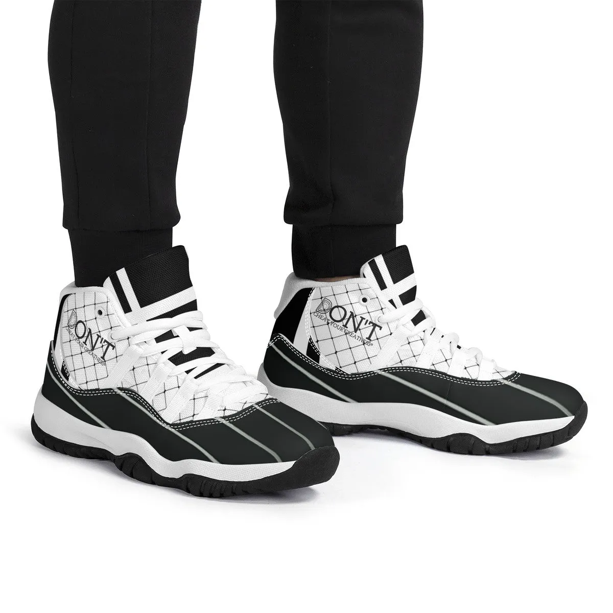 DON'T DX4 White Logo, Black ,White Stripes & Black  High Top Air Retro Sneakers - White