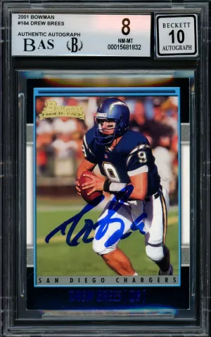 Drew Brees Autographed 2001 Bowman Rookie Card #164 San Diego Chargers BGS 8 Auto Grade Gem Mint 10 Beckett BAS #15681832