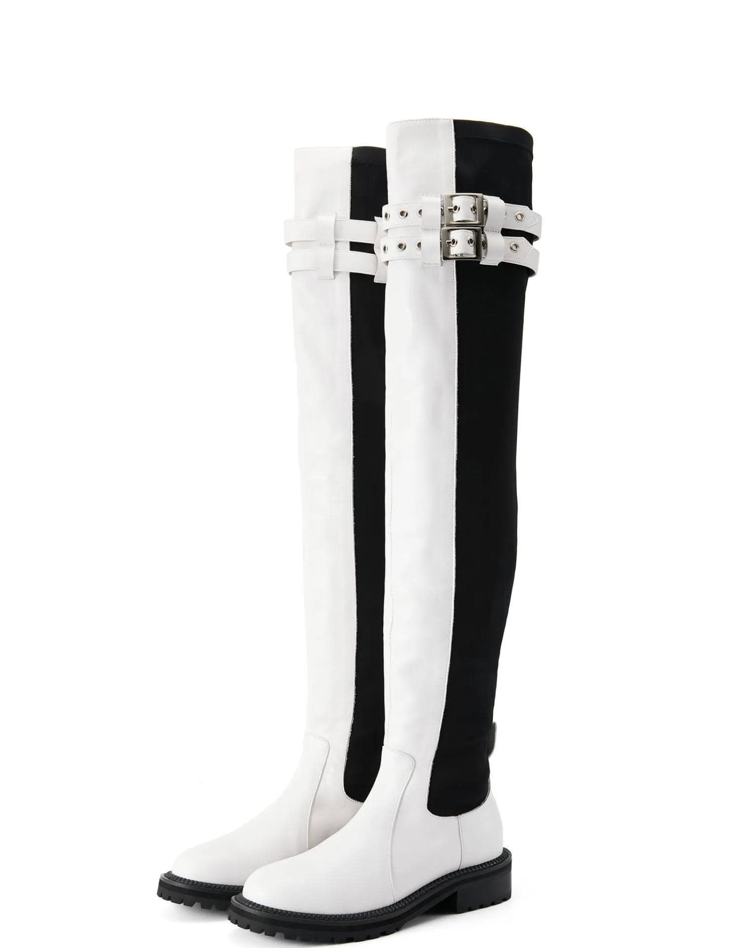 FEIFEI original niche design black and white elastic cloth cowhide over-the-knee high boots- Wila