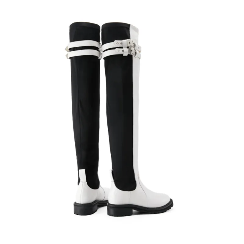 FEIFEI original niche design black and white elastic cloth cowhide over-the-knee high boots- Wila