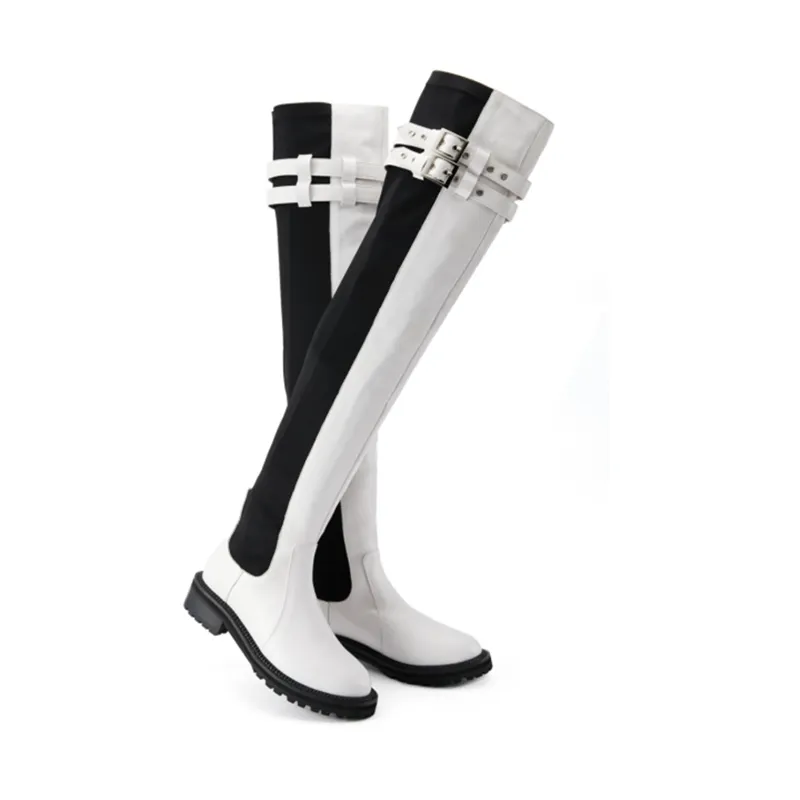 FEIFEI original niche design black and white elastic cloth cowhide over-the-knee high boots- Wila