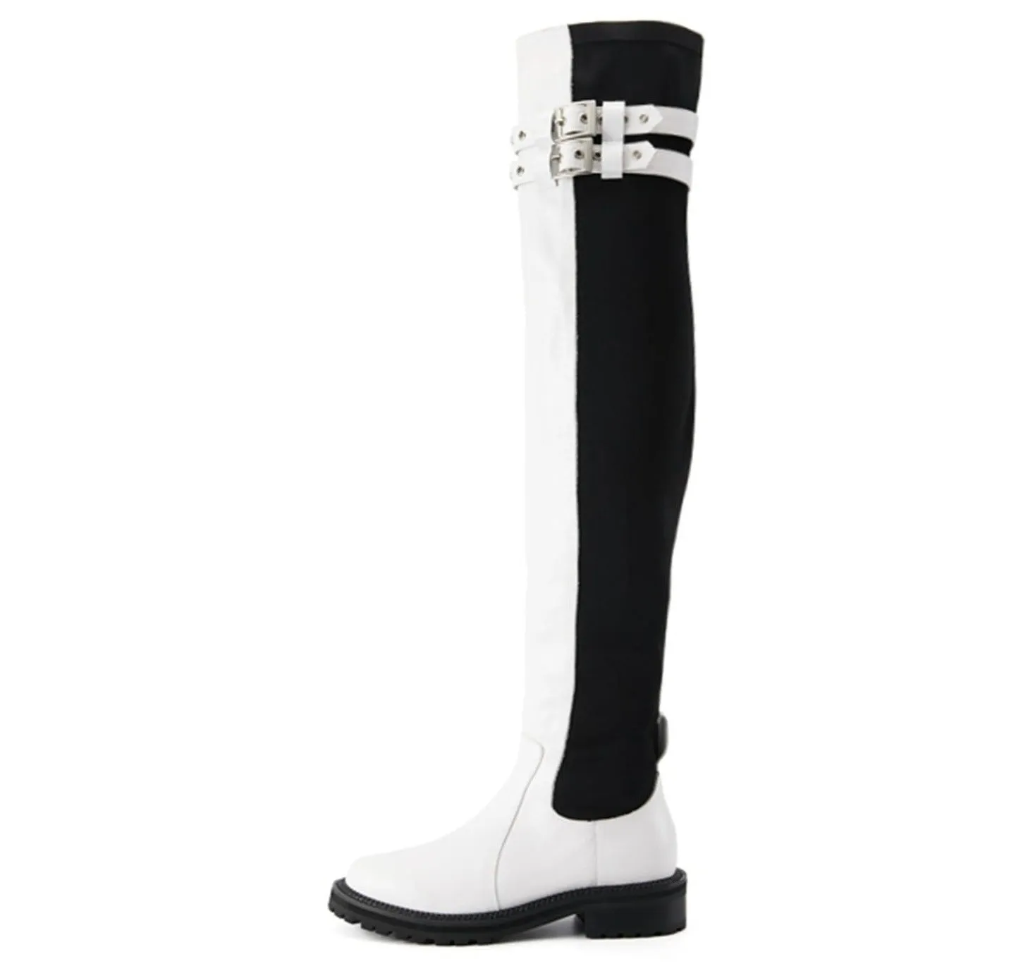 FEIFEI original niche design black and white elastic cloth cowhide over-the-knee high boots- Wila