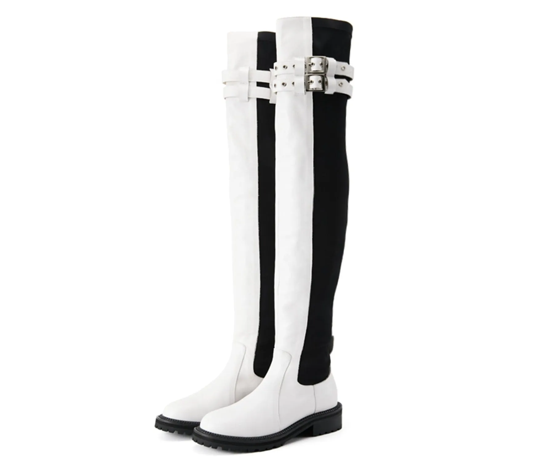 FEIFEI original niche design black and white elastic cloth cowhide over-the-knee high boots- Wila