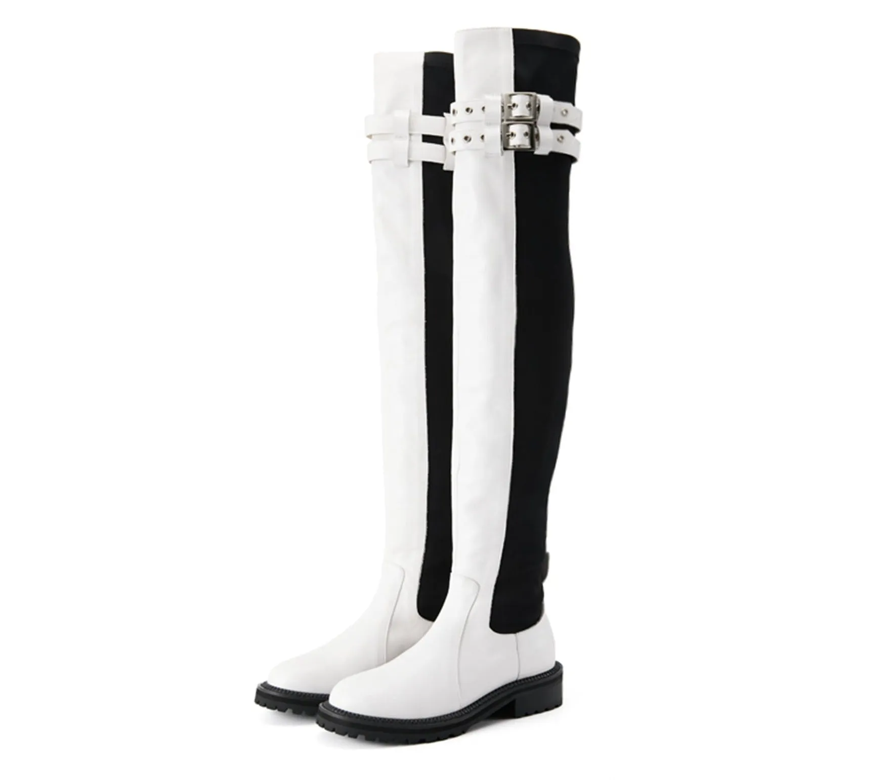 FEIFEI original niche design black and white elastic cloth cowhide over-the-knee high boots- Wila