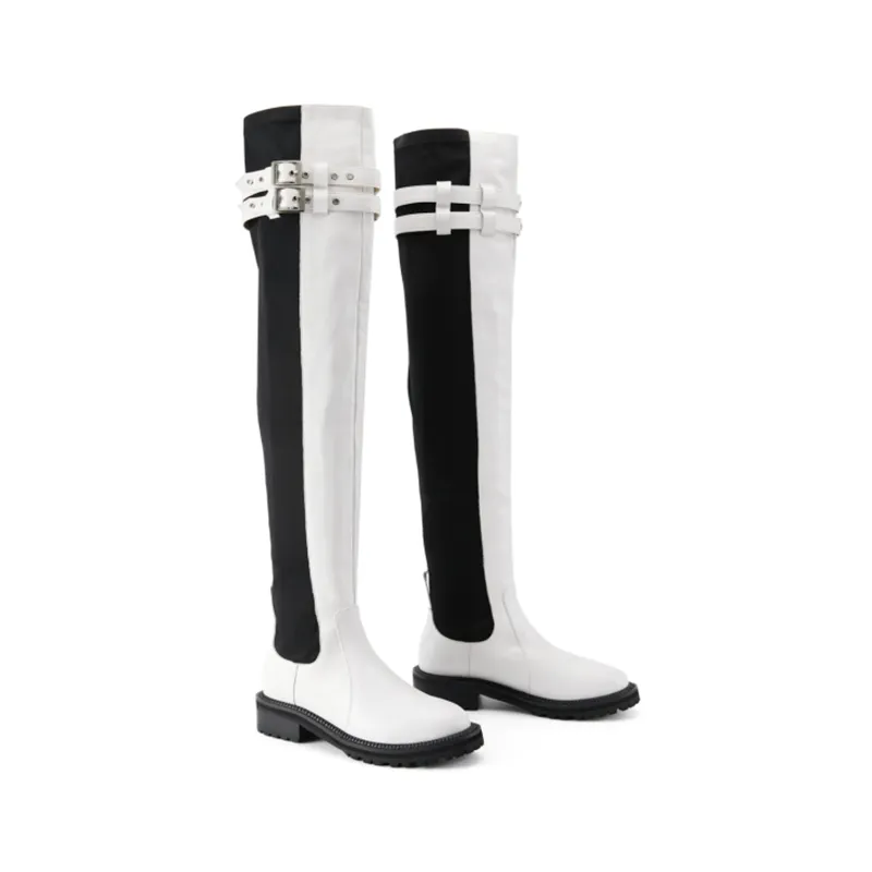 FEIFEI original niche design black and white elastic cloth cowhide over-the-knee high boots- Wila