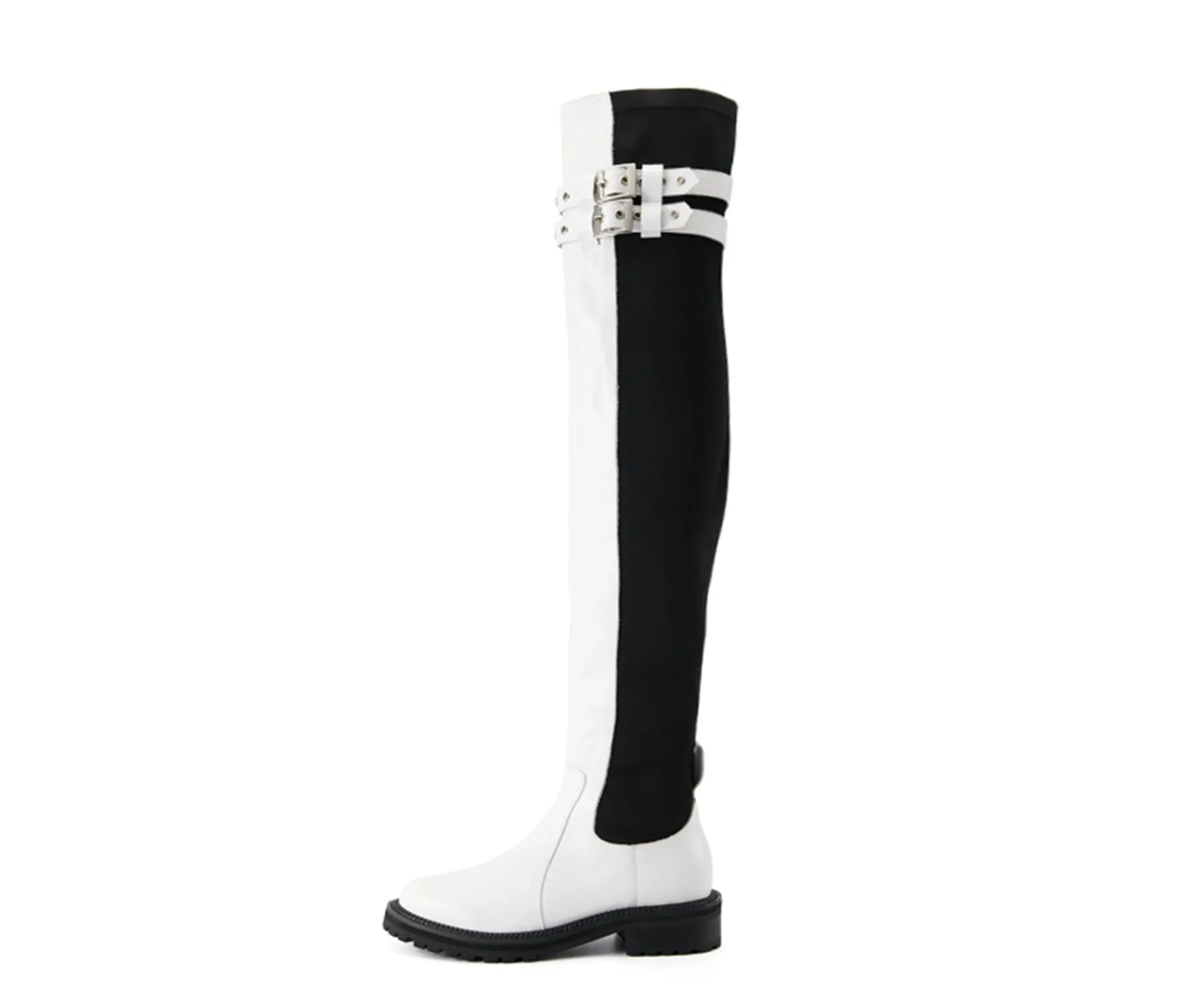 FEIFEI original niche design black and white elastic cloth cowhide over-the-knee high boots- Wila