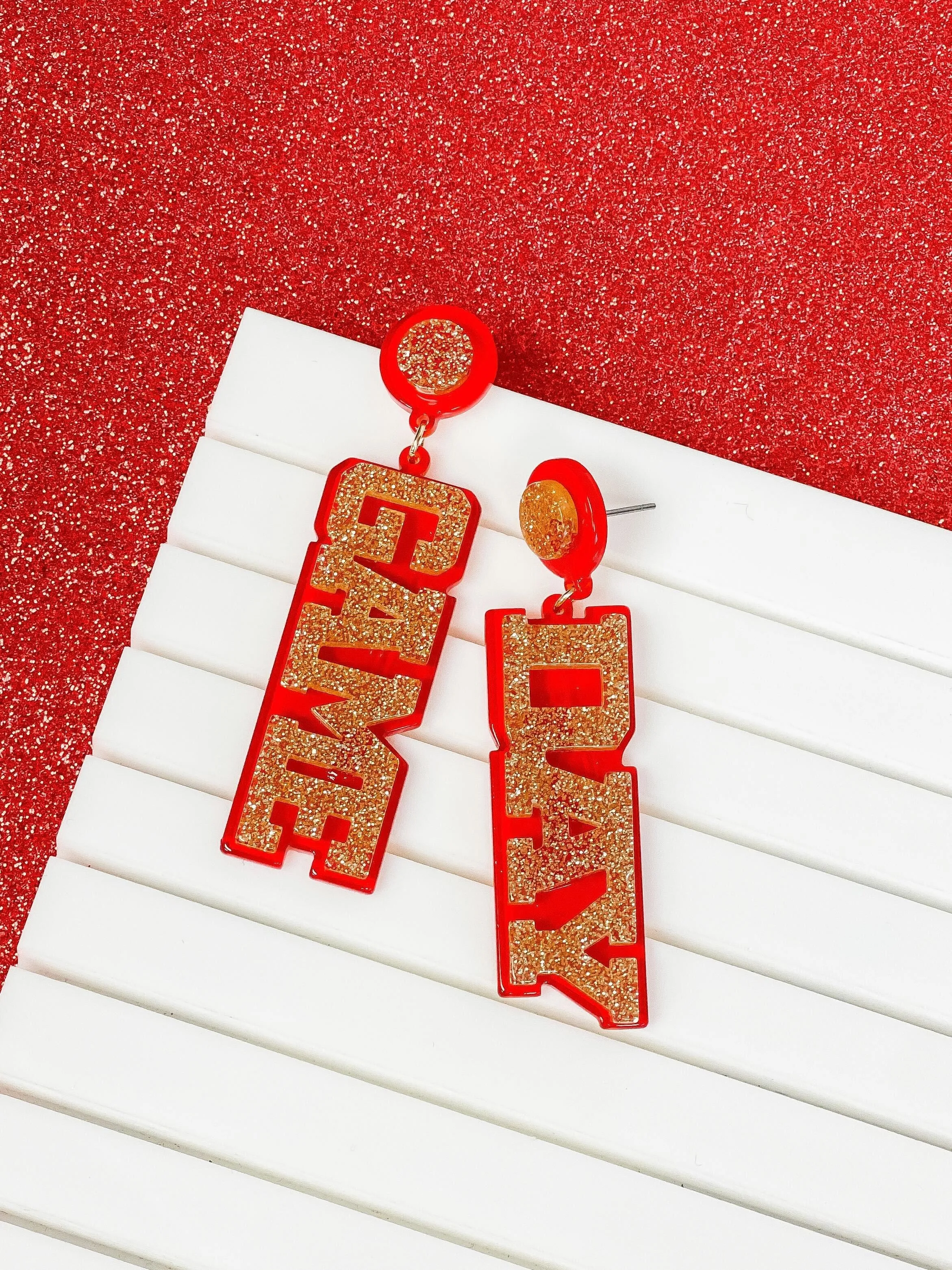 'Game Day' Statement Dangle Earrings - Red & Gold