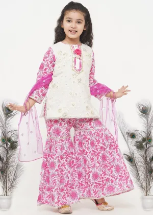 Girl's Cotton Floral Embroidery Kurta With Floral Detaling And And Floral Sharara With Dupatta - White And Pink - Little Bansi Girls