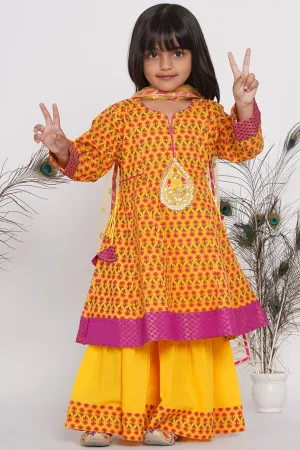 Girl's Cotton Jaipuri Princecut Kurta Frock With Booti Work, Sharara And Dupatta - Yellow - Little Bansi Girls