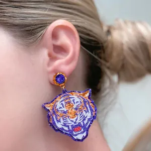 Glitter College Football Tiger Earrings - Orange & Purple