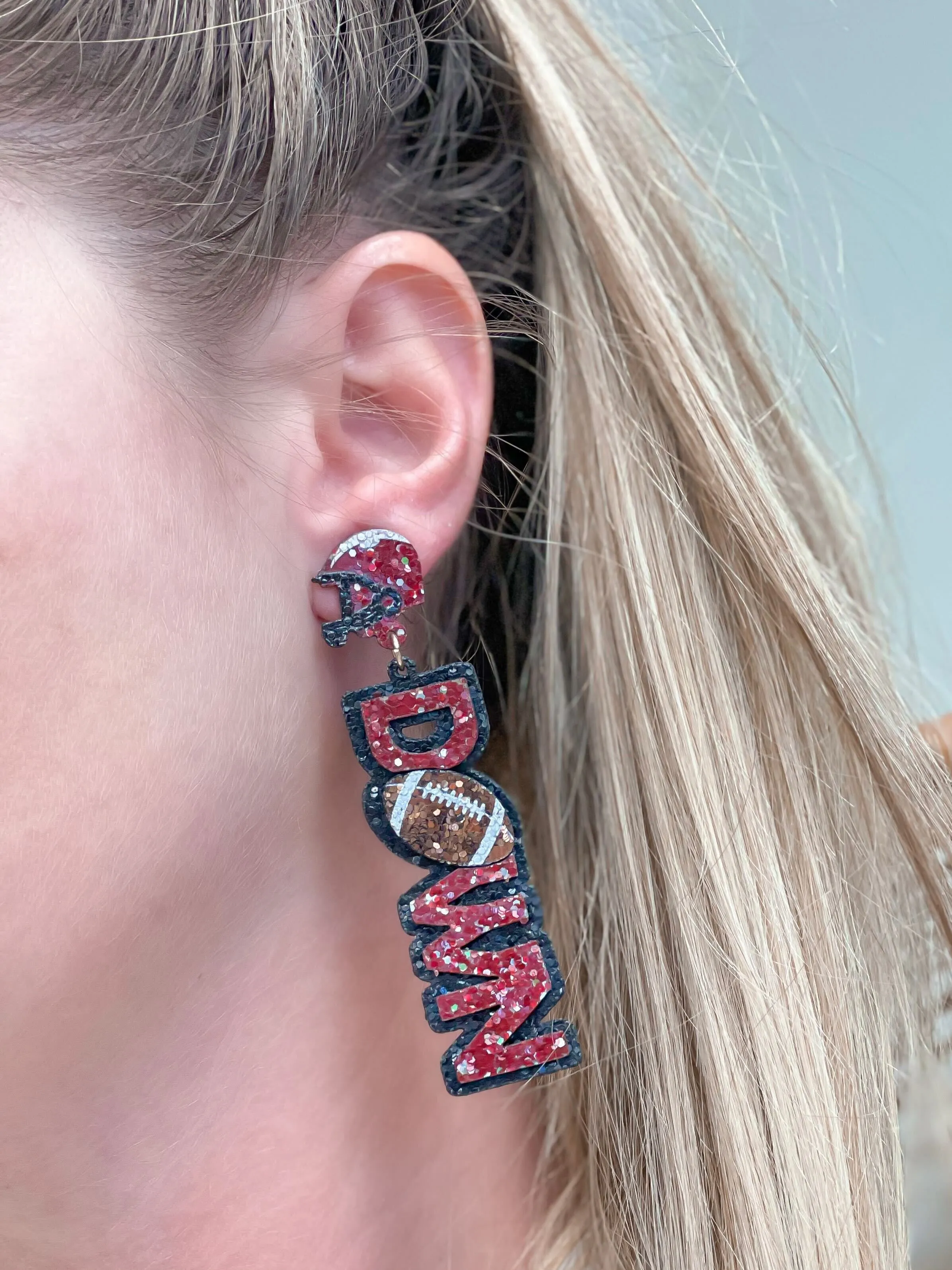 Glitter 'Touch Down' Football Dangle Earrings - Burgundy & Black