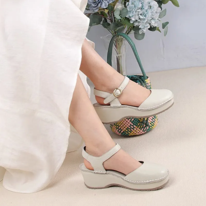 Handmade Leather Wedges Sandals Ankle Strap Slingback in Black/Khaki/Nude/Beige