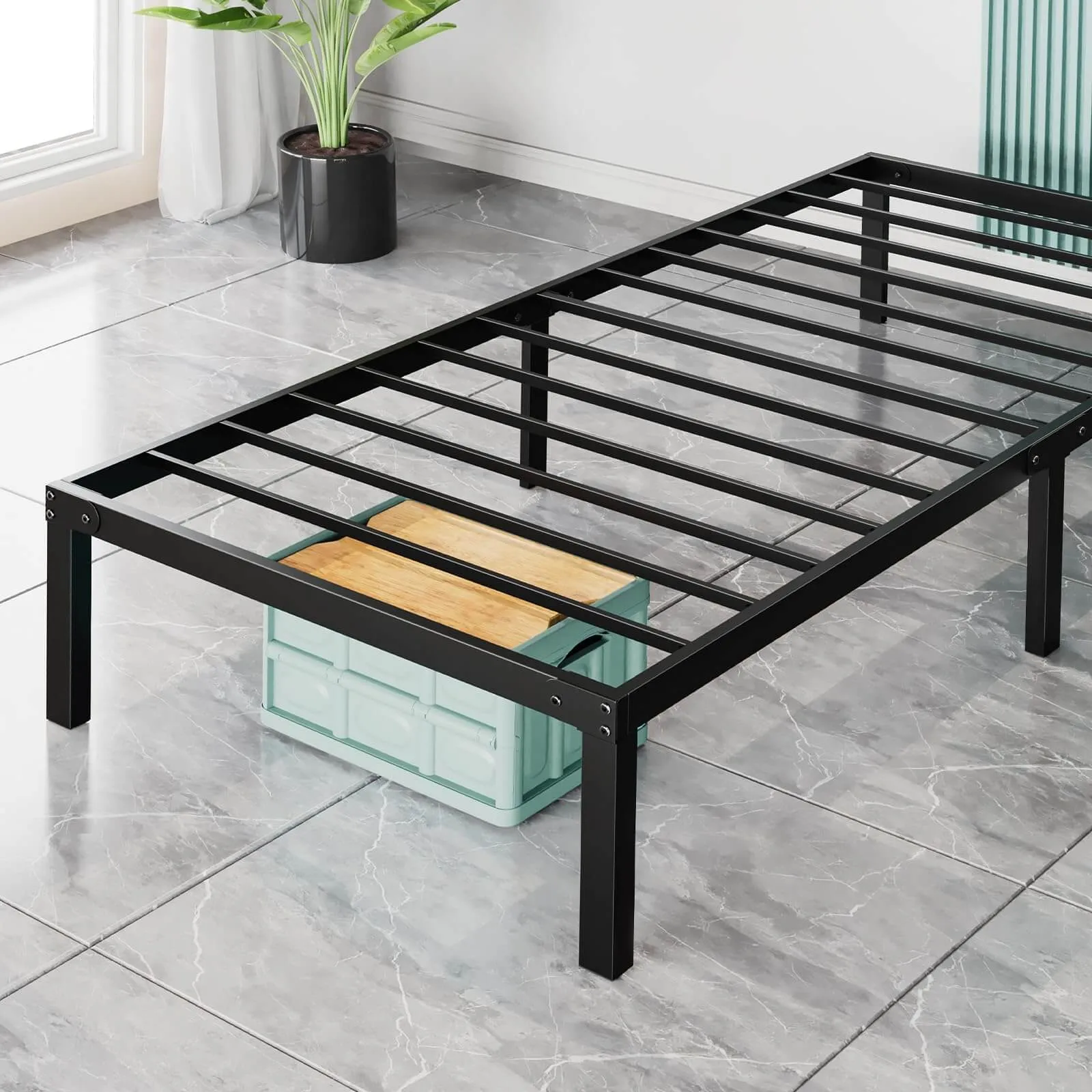 Heavy Duty Metal Bed Frame with Sturdy Steel Slat Support, No Box Spring Needed