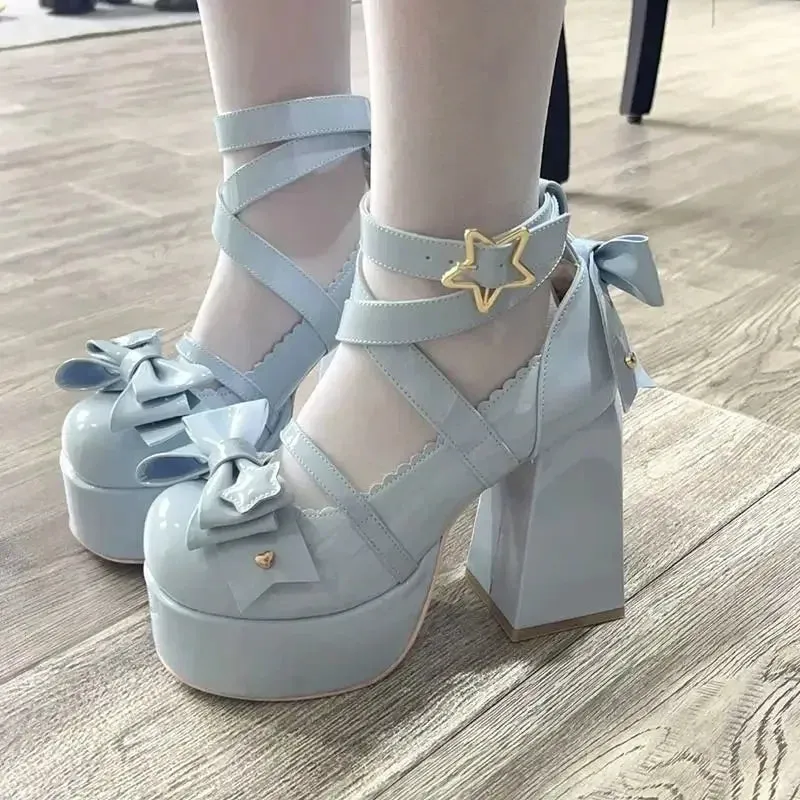 Hnzxzm 2024 New Sweet Vintage Mary Janes Shoes Women Star Buckle Lolita Kawaii Platform Shoes Female Bow-knot Cute Designer Shoes