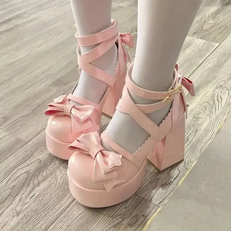 Hnzxzm 2024 New Sweet Vintage Mary Janes Shoes Women Star Buckle Lolita Kawaii Platform Shoes Female Bow-knot Cute Designer Shoes