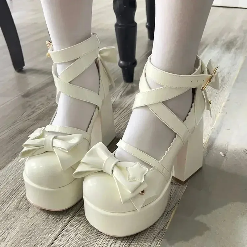 Hnzxzm 2024 New Sweet Vintage Mary Janes Shoes Women Star Buckle Lolita Kawaii Platform Shoes Female Bow-knot Cute Designer Shoes