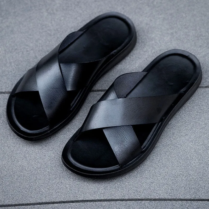 Hnzxzm Big Size 38-47 Leather Summer Men Slippers Beach Slides Comfort Casual Shoes Fashion Man Flip Flops Hot Sell Footwear