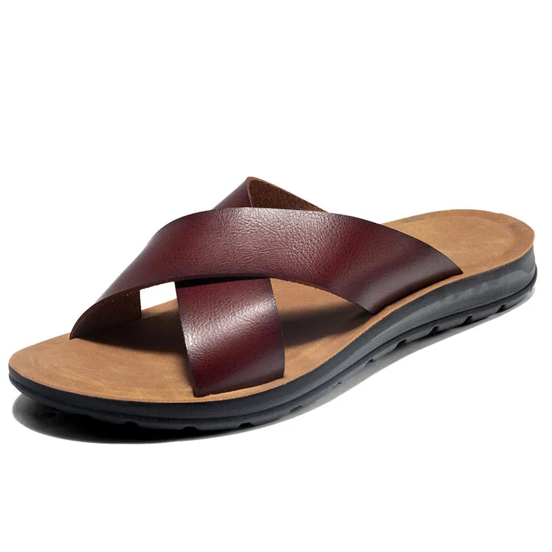 Hnzxzm Big Size 38-47 Leather Summer Men Slippers Beach Slides Comfort Casual Shoes Fashion Man Flip Flops Hot Sell Footwear