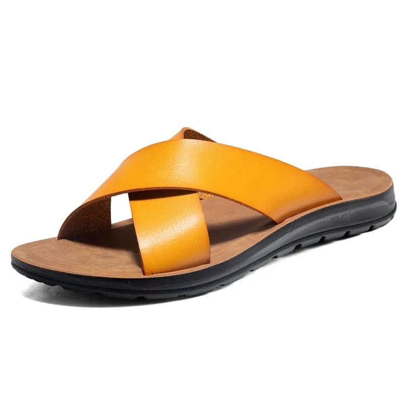 Hnzxzm Big Size 38-47 Leather Summer Men Slippers Beach Slides Comfort Casual Shoes Fashion Man Flip Flops Hot Sell Footwear