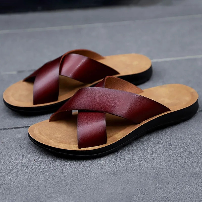 Hnzxzm Big Size 38-47 Leather Summer Men Slippers Beach Slides Comfort Casual Shoes Fashion Man Flip Flops Hot Sell Footwear