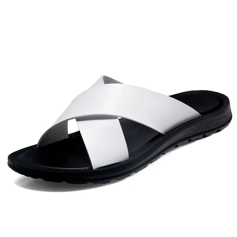 Hnzxzm Big Size 38-47 Leather Summer Men Slippers Beach Slides Comfort Casual Shoes Fashion Man Flip Flops Hot Sell Footwear