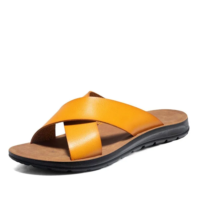 Hnzxzm Big Size 38-47 Leather Summer Men Slippers Beach Slides Comfort Casual Shoes Fashion Man Flip Flops Hot Sell Footwear