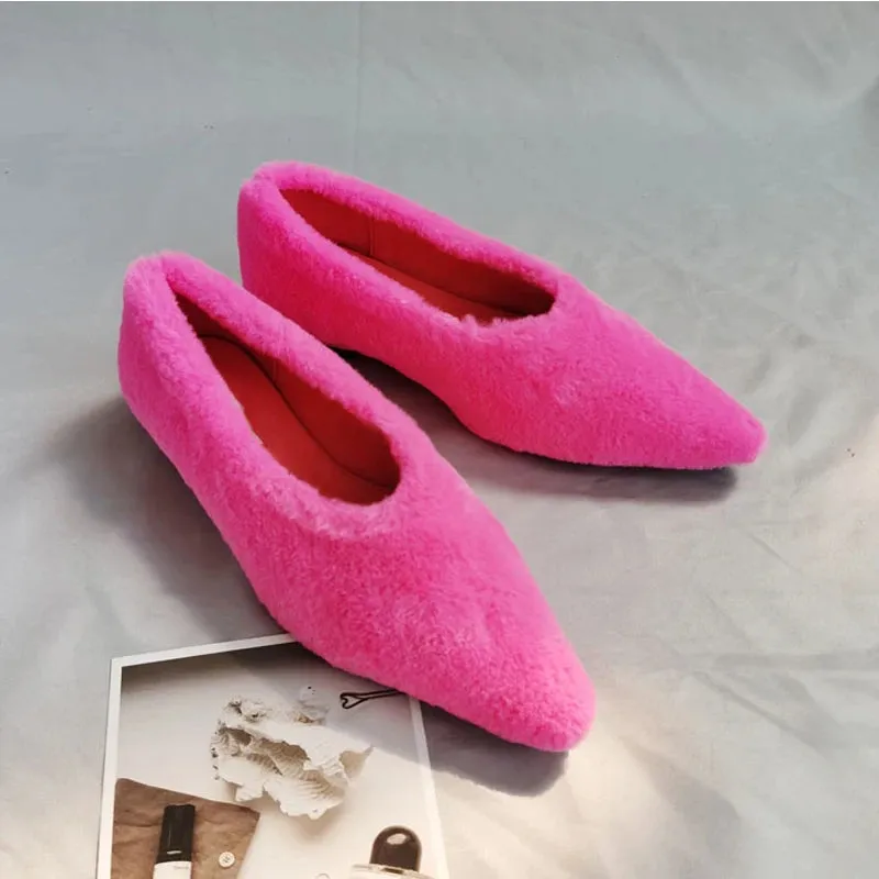 Hnzxzm Fashion Pointed Toe Fur Ballet Flat Woman Winter Warm Plush Shallow Loafer Ladies Concise Furry Heeled Dress Shoes Zapatos Mujer