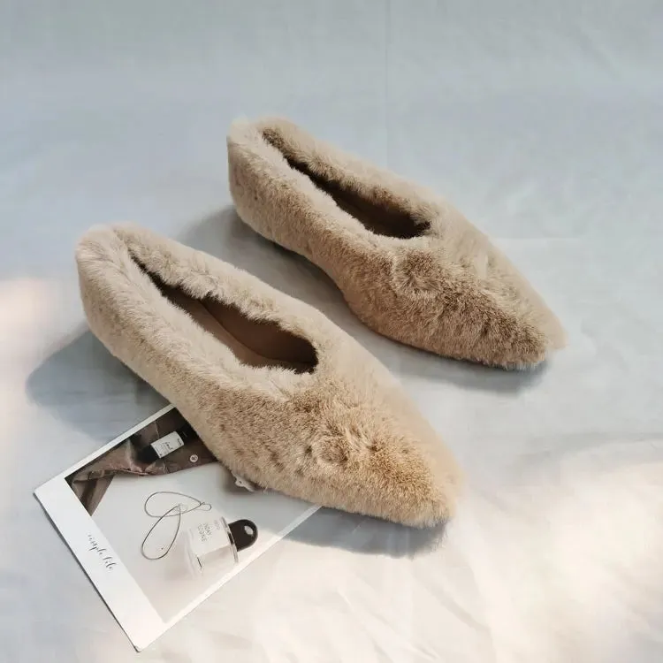 Hnzxzm Fashion Pointed Toe Fur Ballet Flat Woman Winter Warm Plush Shallow Loafer Ladies Concise Furry Heeled Dress Shoes Zapatos Mujer