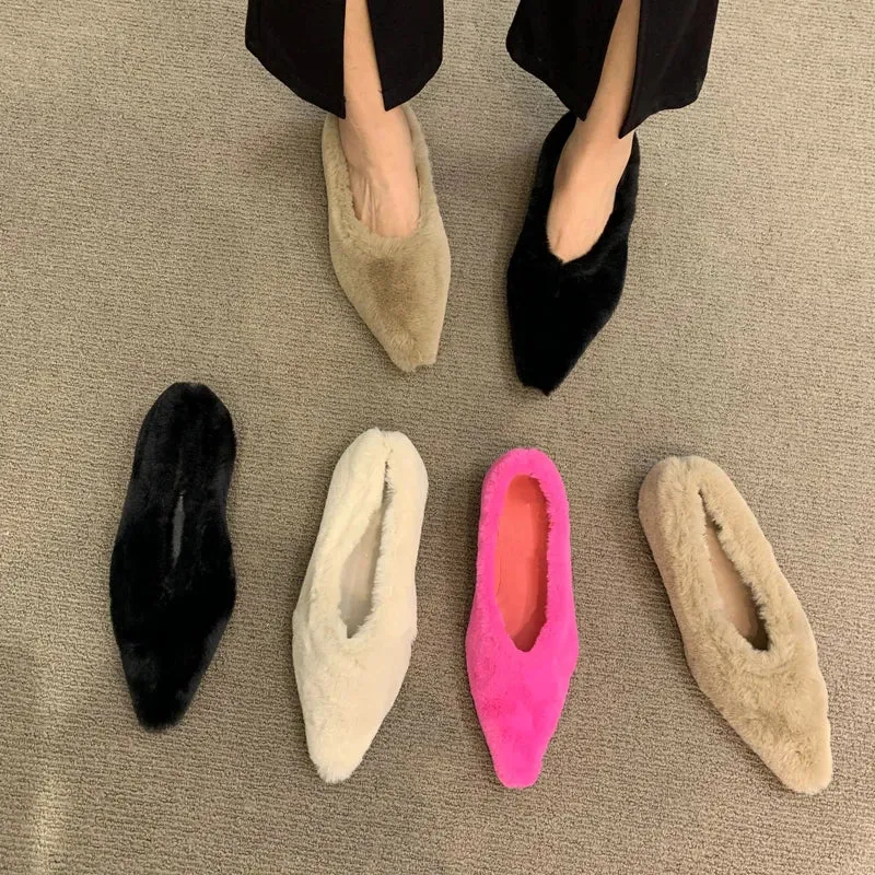 Hnzxzm Fashion Pointed Toe Fur Ballet Flat Woman Winter Warm Plush Shallow Loafer Ladies Concise Furry Heeled Dress Shoes Zapatos Mujer