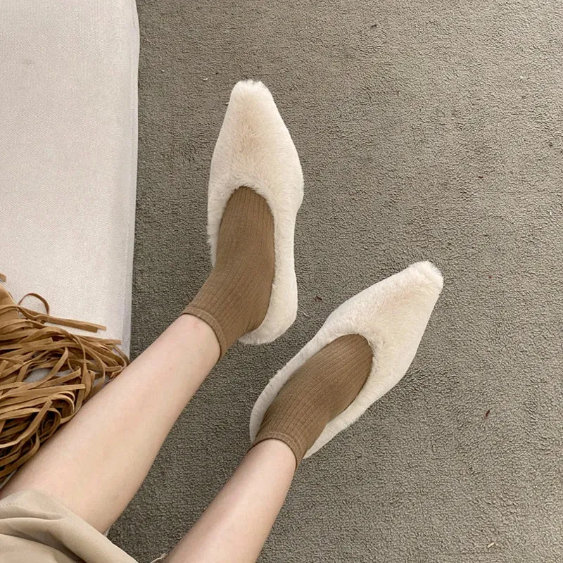 Hnzxzm Fashion Pointed Toe Fur Ballet Flat Woman Winter Warm Plush Shallow Loafer Ladies Concise Furry Heeled Dress Shoes Zapatos Mujer