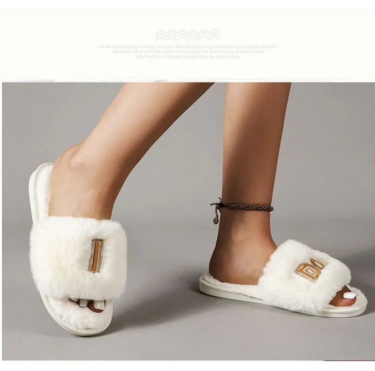 Hnzxzm Wedding Slippers Women's Bride Bridesmaid I Do Slides Faux Rabbit Fur Non-slip Sole Wedding Gift Open-toes Slides Slipper