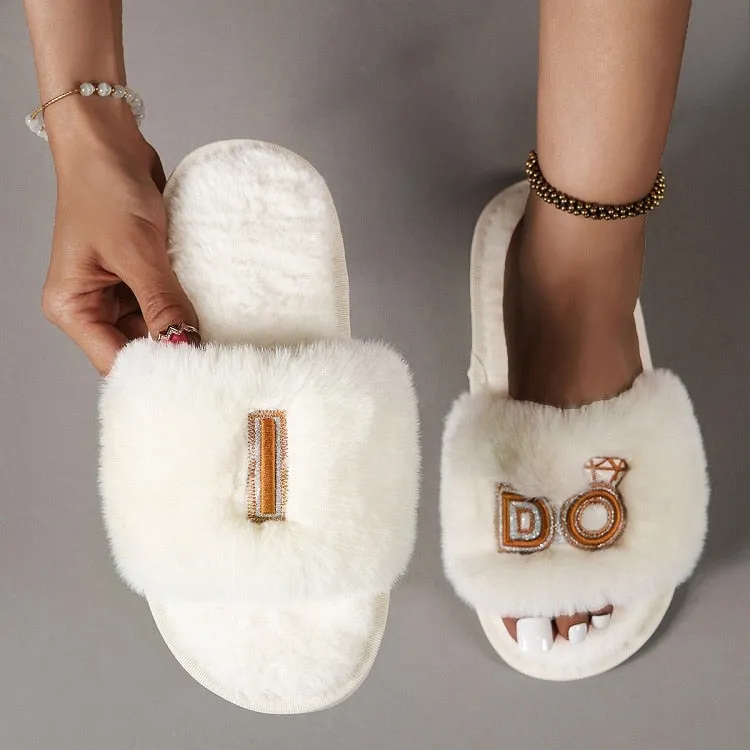 Hnzxzm Wedding Slippers Women's Bride Bridesmaid I Do Slides Faux Rabbit Fur Non-slip Sole Wedding Gift Open-toes Slides Slipper