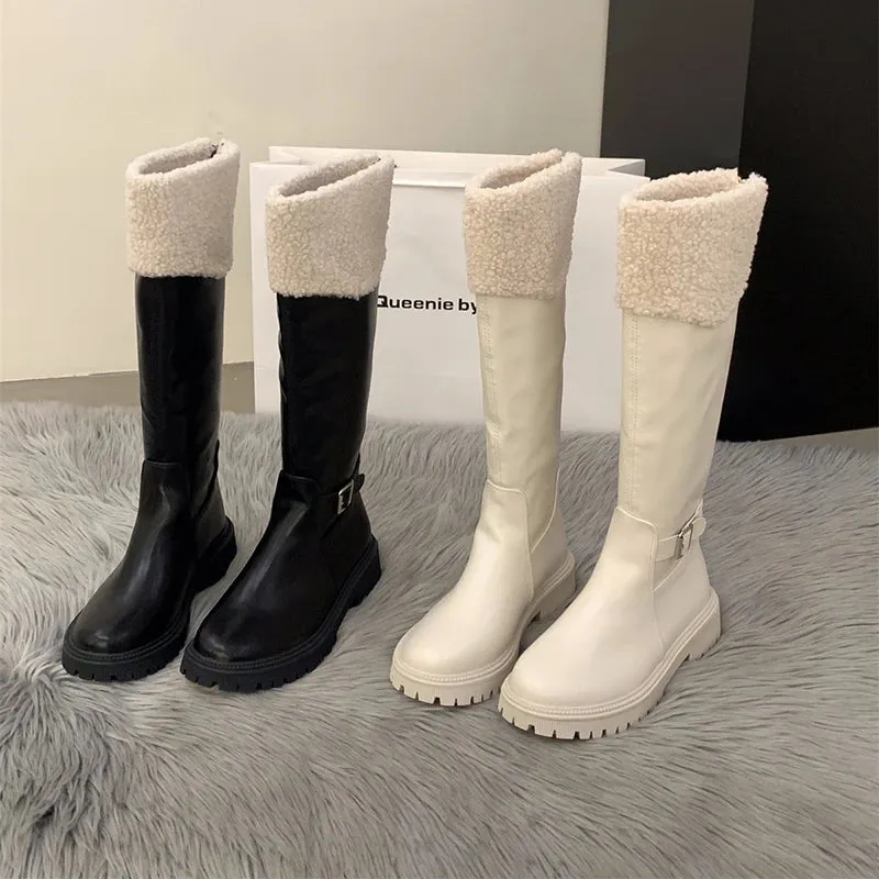 Hnzxzm Winter Women Knee High Boots Fashion Short Plush Knight Long Booties Concise Thick Heel Cotton Shoes