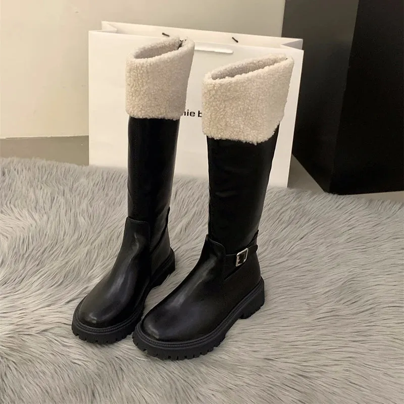 Hnzxzm Winter Women Knee High Boots Fashion Short Plush Knight Long Booties Concise Thick Heel Cotton Shoes