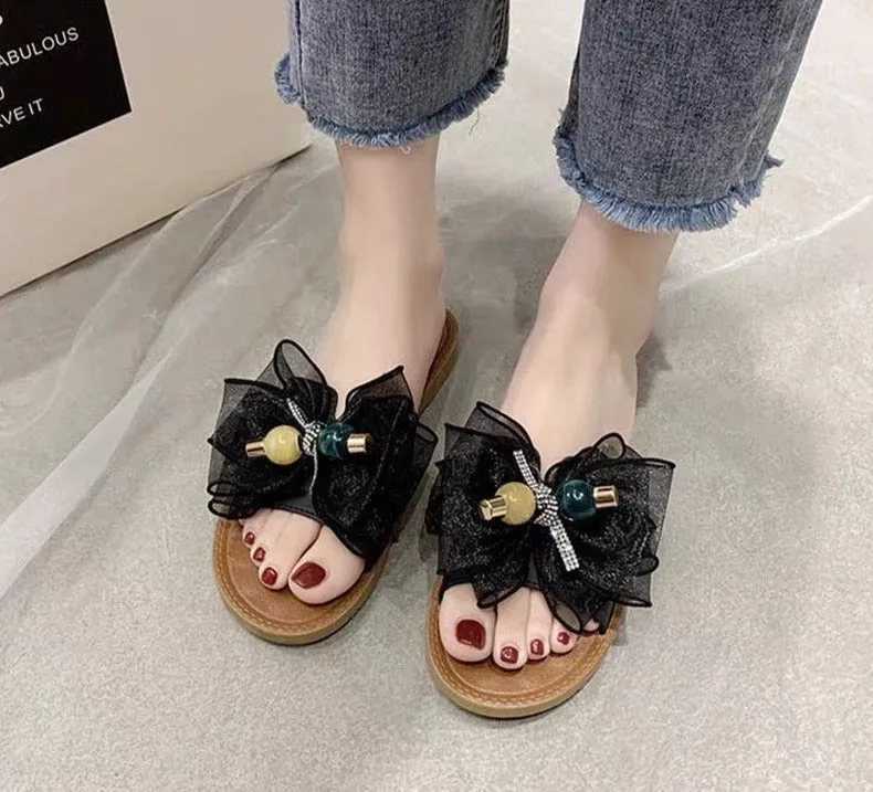 Hnzxzm Women's Platform Slippers Exquisite Bow Tie Trend Fashion Summer Beach Home Soft Ladies Sandals Outdoor Flat Shoes