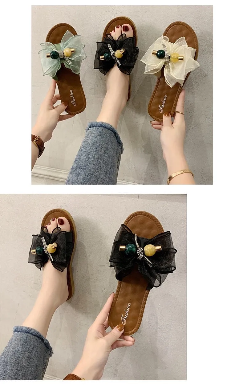 Hnzxzm Women's Platform Slippers Exquisite Bow Tie Trend Fashion Summer Beach Home Soft Ladies Sandals Outdoor Flat Shoes