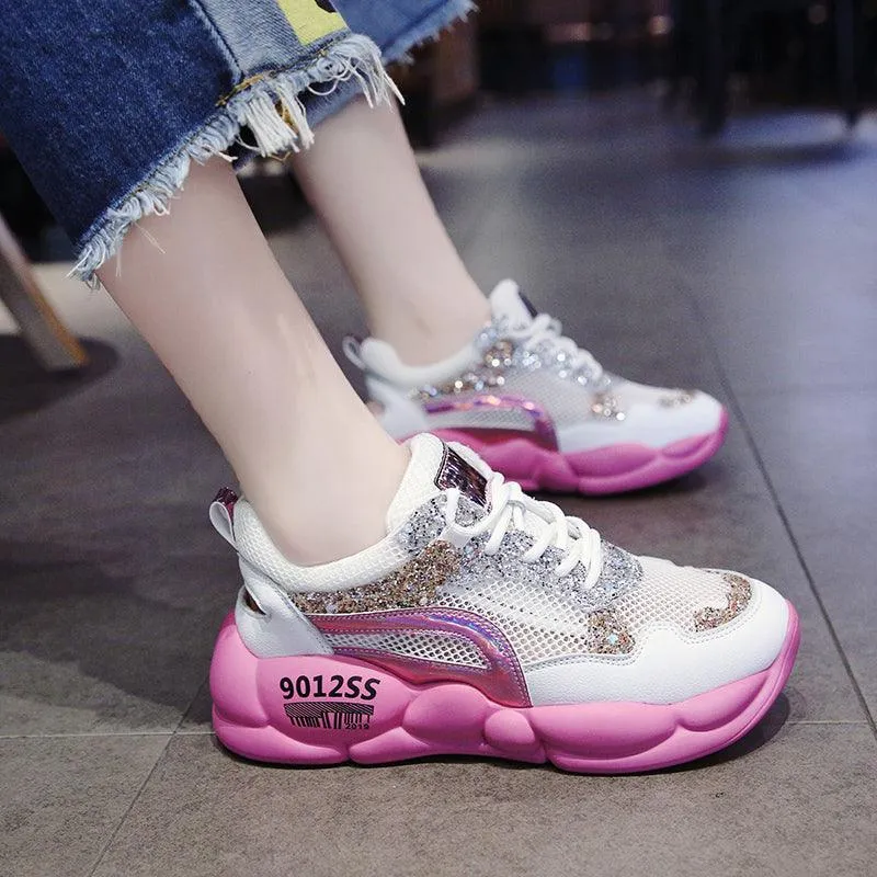 Hollow Rhinestone Sequins Sponge Cake Mesh Breathable Sports Daddy Shoes