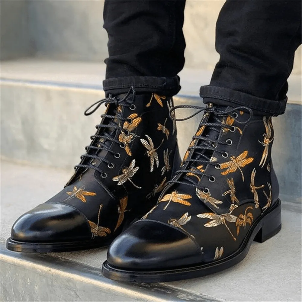 kkboxly kkboxly Men British Style Cap Toe Splicing Dragonflies Printed Cloth Ankle Jack Boots