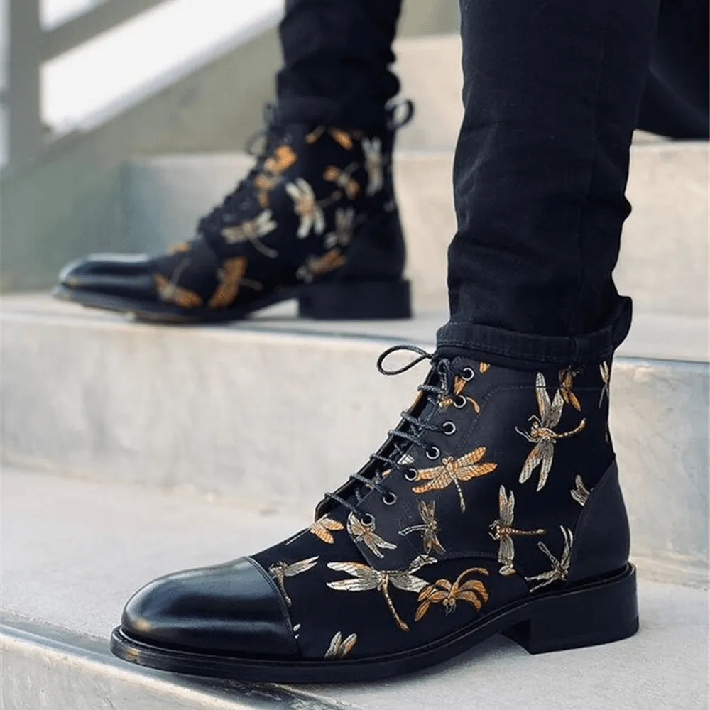 kkboxly kkboxly Men British Style Cap Toe Splicing Dragonflies Printed Cloth Ankle Jack Boots