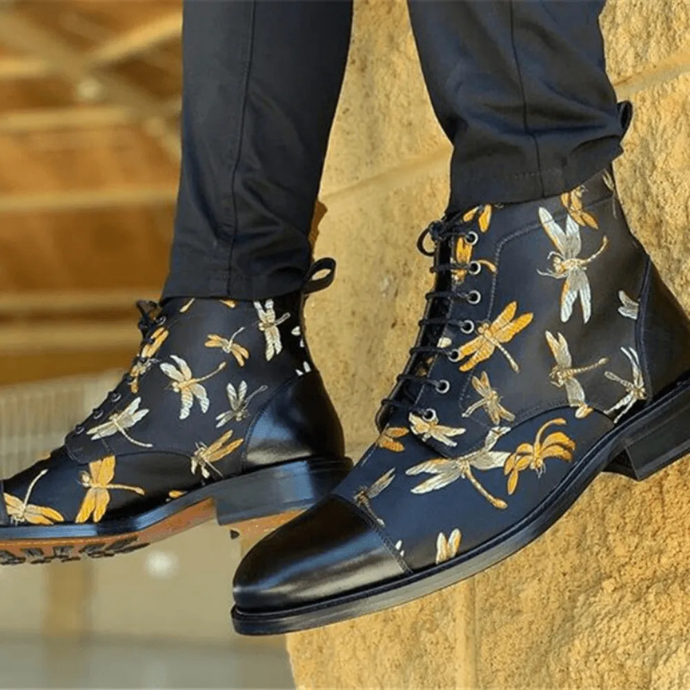 kkboxly kkboxly Men British Style Cap Toe Splicing Dragonflies Printed Cloth Ankle Jack Boots