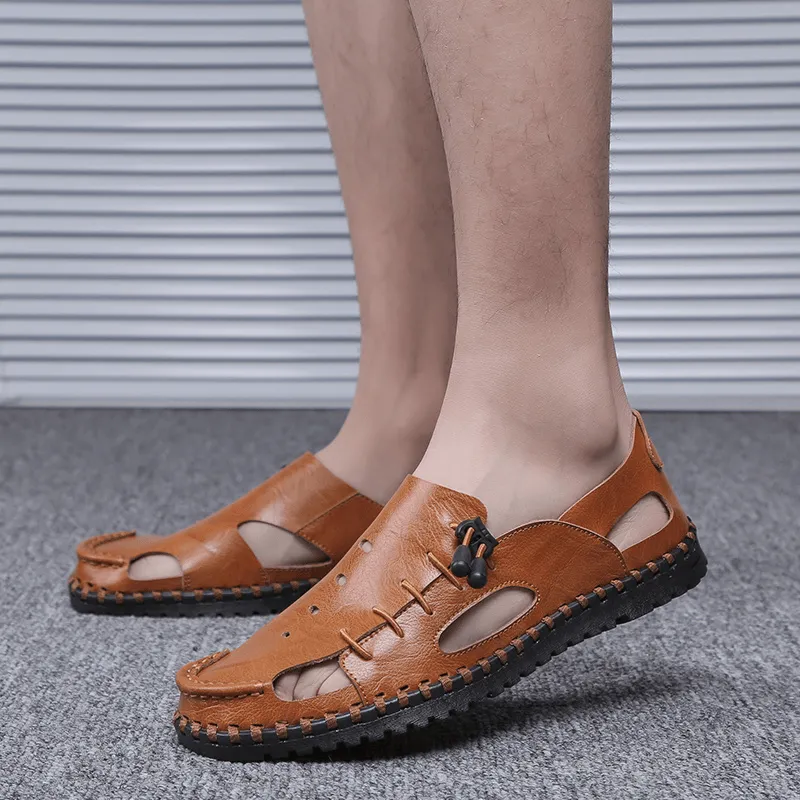 kkboxly kkboxly Men Hand Stitching Cow Leather Non Slip Soft Sole Casual Sandals