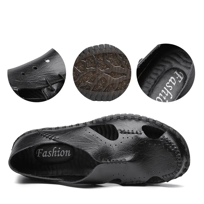 kkboxly kkboxly Men Hand Stitching Cow Leather Non Slip Soft Sole Casual Sandals