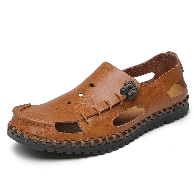 kkboxly kkboxly Men Hand Stitching Cow Leather Non Slip Soft Sole Casual Sandals