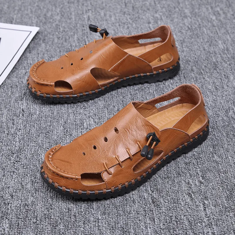 kkboxly kkboxly Men Hand Stitching Cow Leather Non Slip Soft Sole Casual Sandals