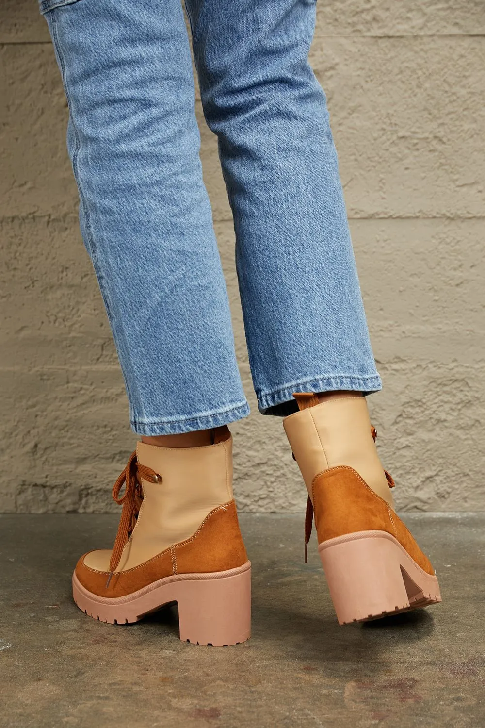 Lace Up Lug Booties in Tan