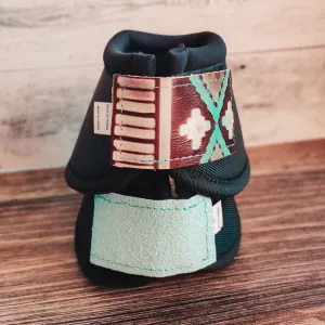 Large Black Iconoclast Bells w/ Turquoise Aztec Leather and Mint Glitter Straps