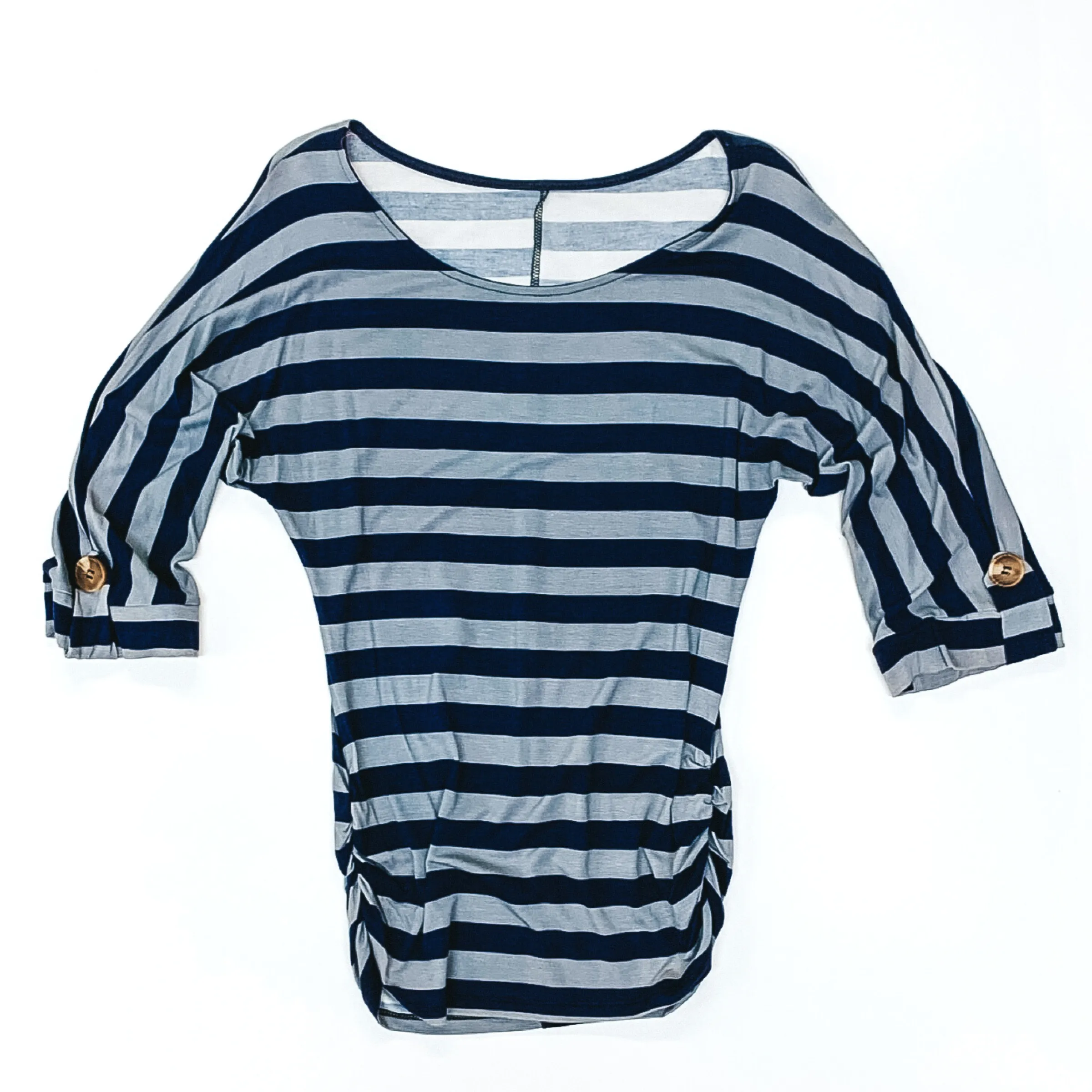 Last Chance Size Medium | Striped 3/4 Sleeve Top with Ruched Sides in Grey and Blue | ONLY 1 LEFT!