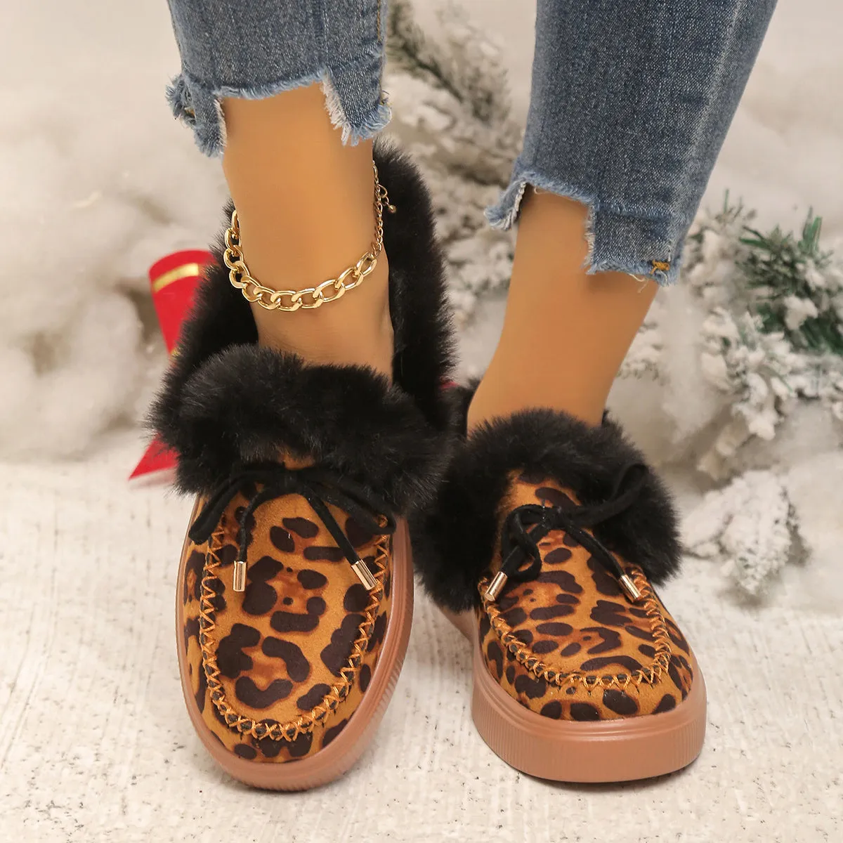 Leopard Print Plush Lined Furry Flat Lightweight Comfortable Skate Shoes, Wear Resistance Non Slip Boat Shoes Loafers Shoes, Fall Winter Keep Warm Casual Versatile Breathable Lazy Outdoor Travel School Walking Shoes