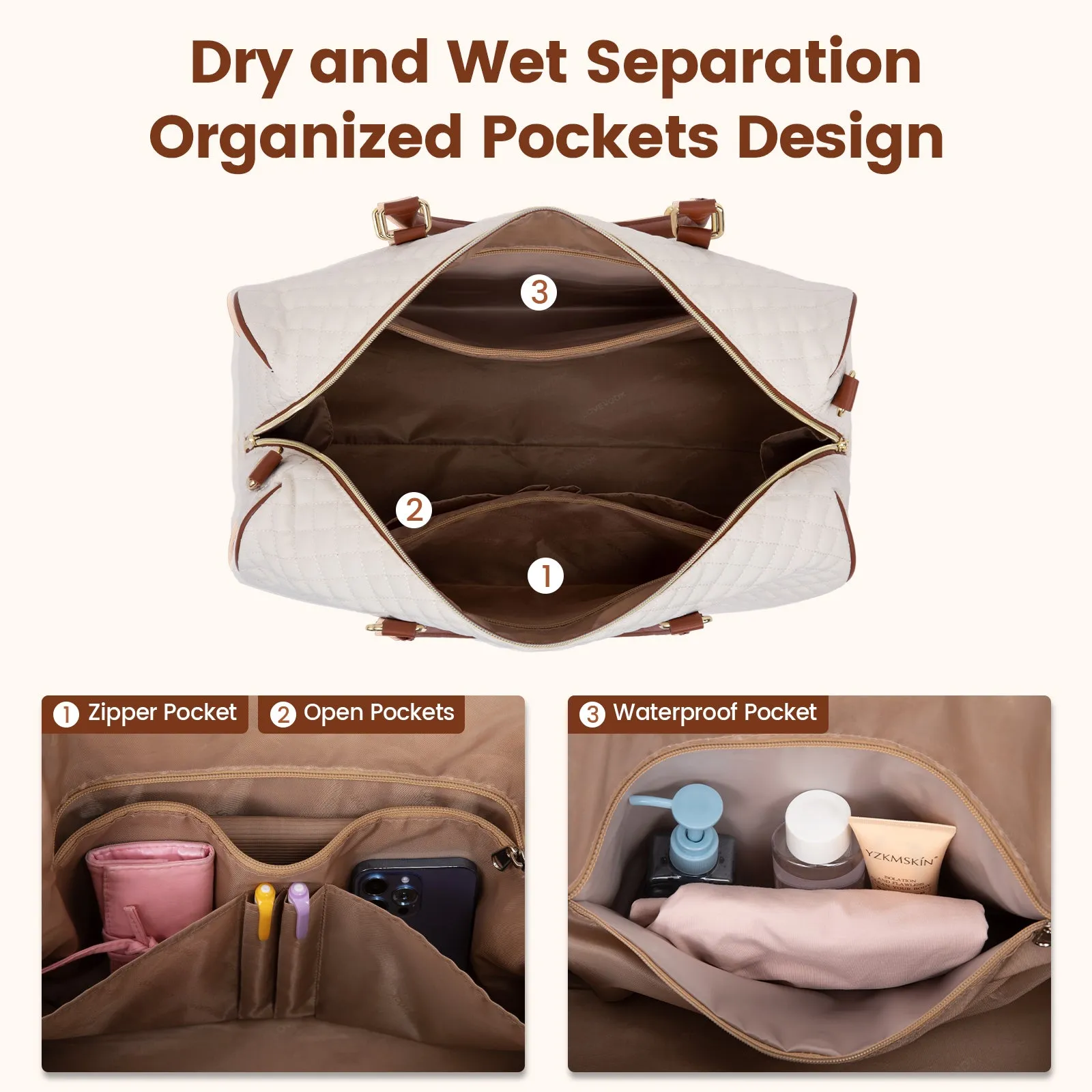 Lovevook All-in-One 3-Piece Beige & Brown Travel Set for Weekend Escapes