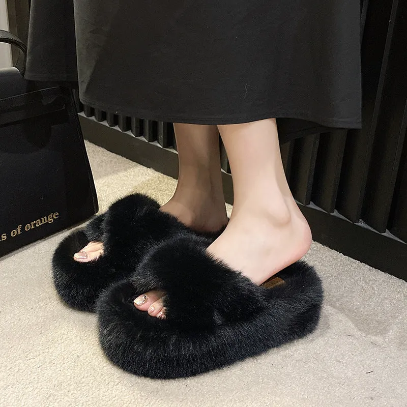 Luxurious Furry Cross Strap Soft Sole High Heel Winter Home Shoes